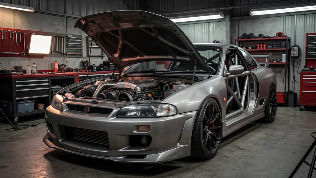 S58-powered Nissan S15 drift project in a dark workshop